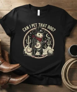 Can I Pet That Dog? cowboy possum playing banjo t-shirt design with cactus and moon graphic