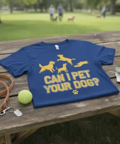 Blue t-shirt with yellow text "CAN I PET YOUR DOG?" and golden retriever graphics, dog accessories nearby