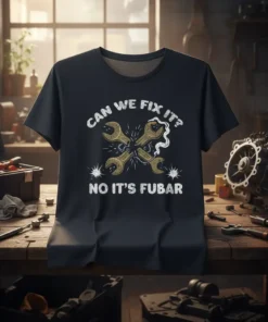 Dark t-shirt with "CAN WE FIX IT? NO IT'S FUBAR" text and crossed wrenches graphic