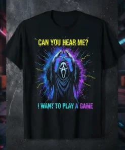 Ghostface mask with heart hands and neon lines, text "CAN YOU HEAR ME? I WANT TO PLAY A GAME" on