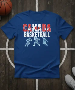 Canada Basketball t-shirt with red and white Canadian flag text and minimalist basketball player graphics