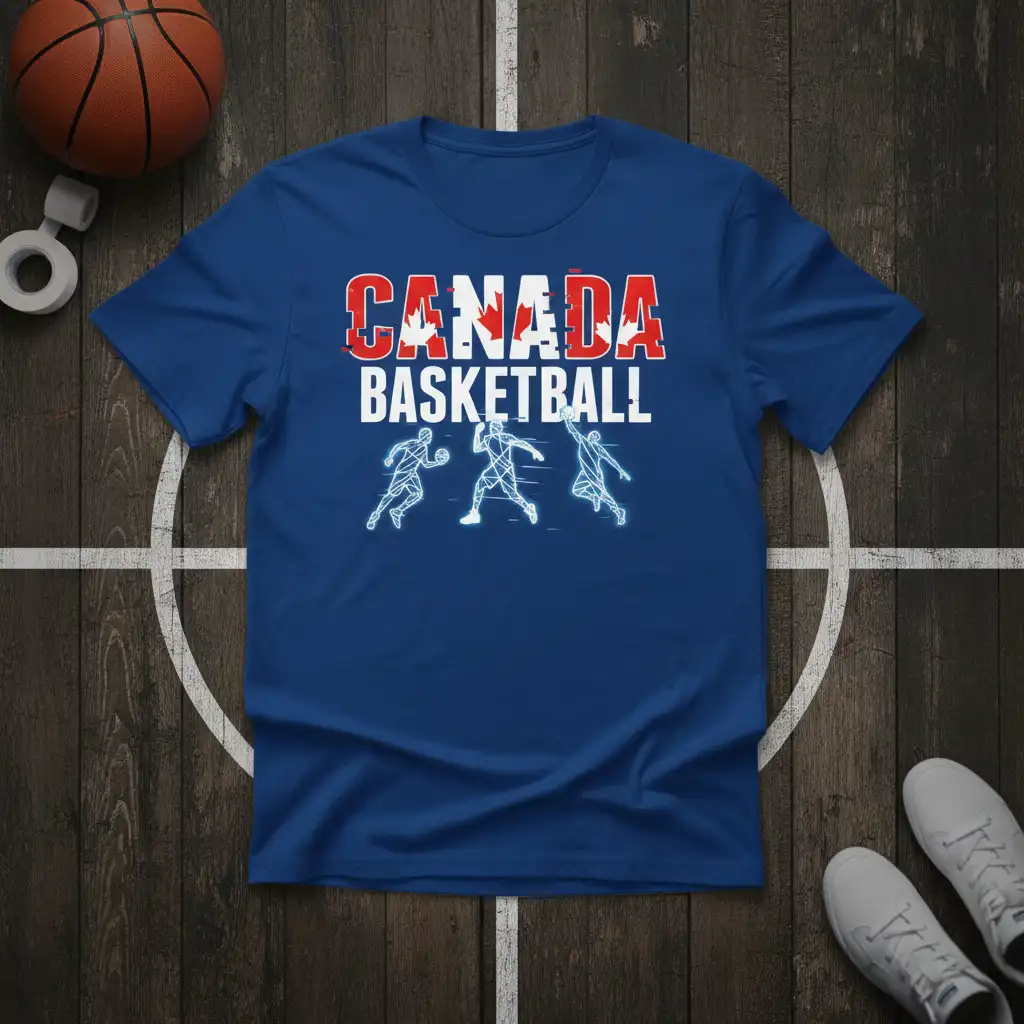 Canada Basketball design with Canadian flag text and dynamic line art of basketball players