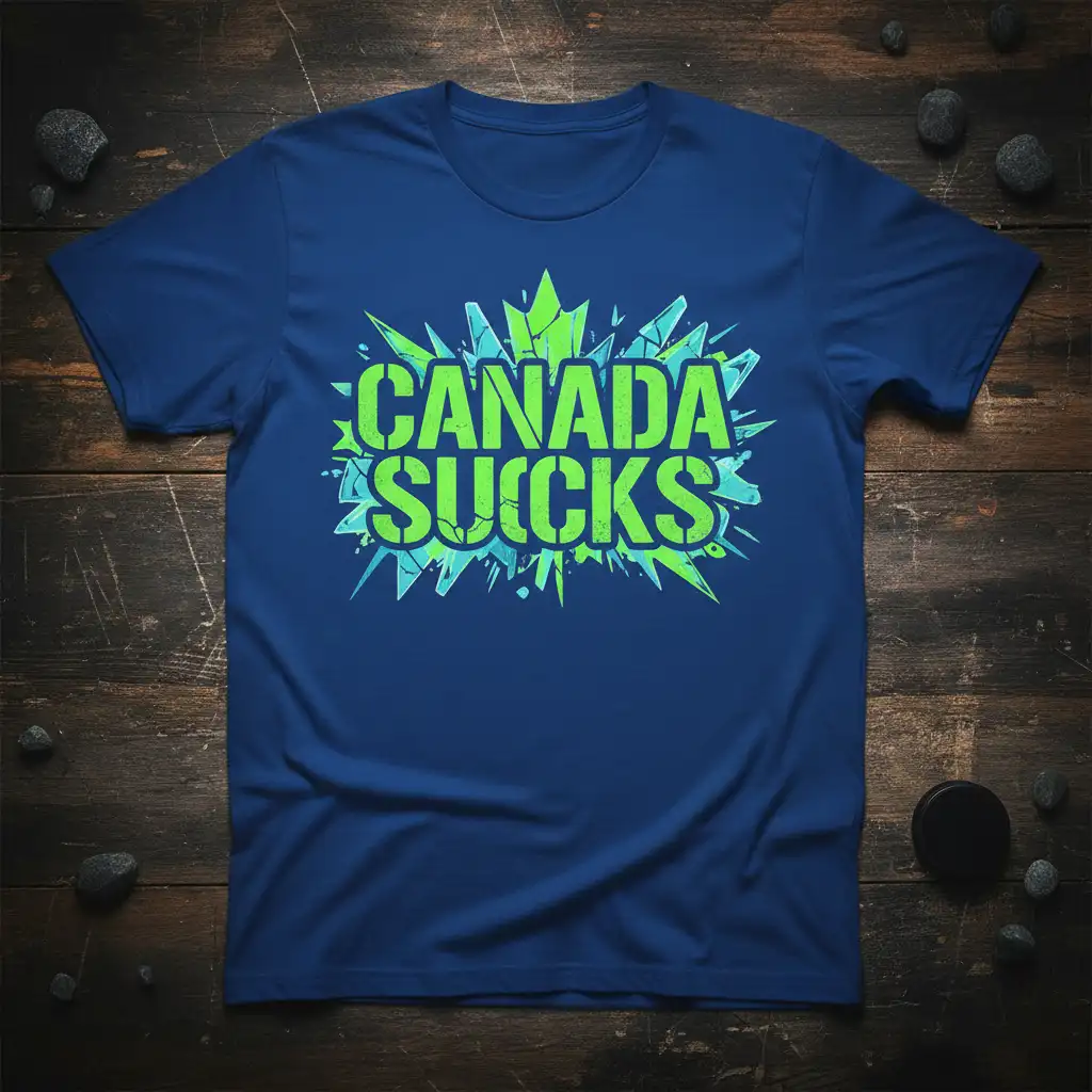 Canada Sucks text with a jagged green and blue maple leaf explosion graphic on a navy shirt