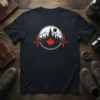 Canadian Mountain Heartbeat T-Shirt featuring a graphic of mountains, pine trees, a Canadian maple leaf, and a red heartbeat line