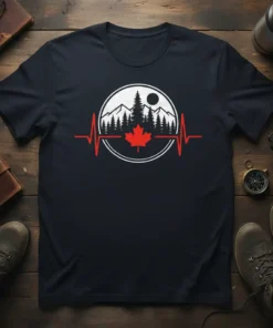 Canadian Mountain Heartbeat T-Shirt featuring a graphic of mountains, pine trees, a Canadian maple leaf, and a red heartbeat line