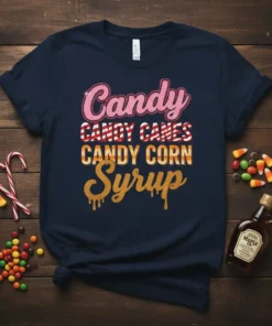 Navy t-shirt with the text "Candy Candy Canes Candy Corn Syrup" in colorful, festive fonts