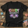 Black t-shirt with "CANDY SECURITY" text and graphic sunglasses reflecting colorful candies