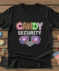 Black t-shirt with "CANDY SECURITY" text and graphic sunglasses reflecting colorful candies