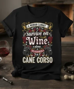 T-shirt design with text "A Woman Cannot Survive on Wine Alone. She Also Needs A Cane Corso" featuring wine grapes