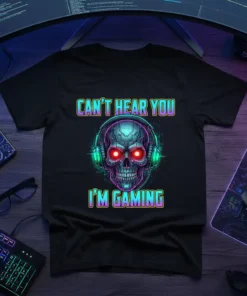 Black t-shirt with "CAN'T HEAR YOU I'M GAMING" text and a cybernetic skull wearing headphones, glowing red eyes, primary keyword