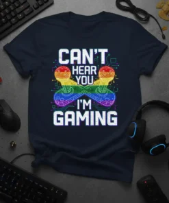CAN'T HEAR YOU I'M GAMING t-shirt with rainbow gaming controllers graphic
