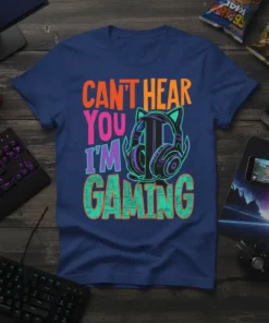 Can't Hear You I'm Gaming T-Shirt with colorful text and headphones graphic