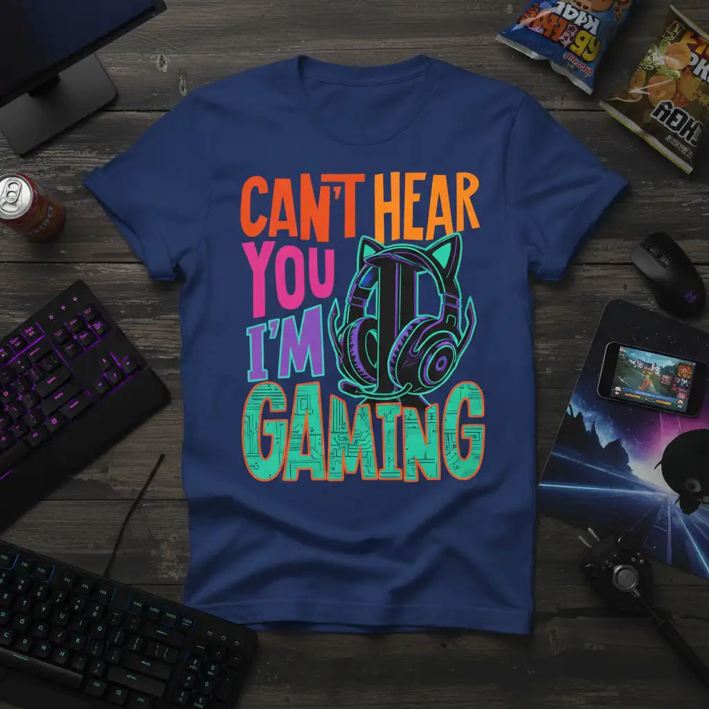 CAN'T HEAR YOU I'M GAMING quote on a t-shirt with gaming headset graphic
