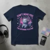 Cute gray cat wearing headphones with "Can't Hear You I'm Listening To K-Pop" text above, surrounded by music notes and