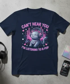Cute gray cat wearing headphones with "Can't Hear You I'm Listening To K-Pop" text above, surrounded by music notes and