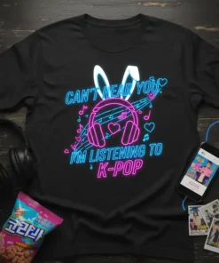 Black t-shirt with neon pink and blue text "Can't Hear You, I'm Listening To K-Pop" and headphones graphic
