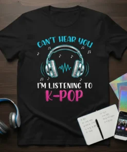 Black t-shirt with blue and pink text saying "Can't Hear You I'm Listening To K-Pop" and a graphic of headphones
