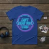 Blue t-shirt with neon pink and blue text that says "CAN'T HEAR YOU I'M LISTENING TO K-POP" inside a circular