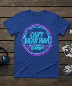 Blue t-shirt with neon pink and blue text that says "CAN'T HEAR YOU I'M LISTENING TO K-POP" inside a circular
