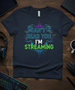 T-shirt with "CAN'T HEAR YOU I'M STREAMING" text in neon blue and green, featuring audio waveform graphics