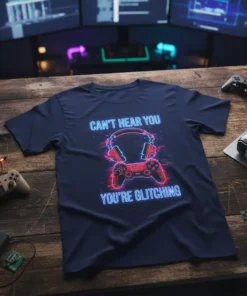 Navy t-shirt with neon blue text "CAN'T HEAR YOU YOU'RE GLITCHING" and a red controller with headphones graphic