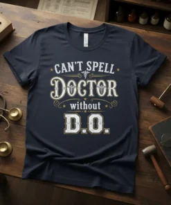 Navy t-shirt with white and gold text: "CAN'T SPELL DOCTOR without D.O." featuring caduceus symbols