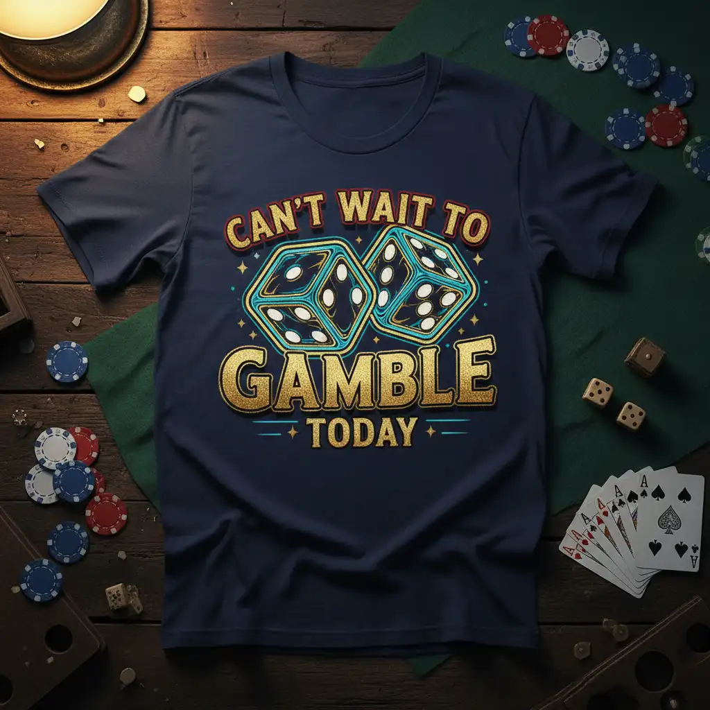 Can't Wait To Gamble Today quote with dice graphic on a navy blue t-shirt design