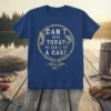 Fishing t-shirt with "CAN'T WORK TODAY MY ARM IS IN A CAST" quote, featuring angler, fish, and fishing gear graphics