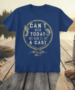 Fishing t-shirt with "CAN'T WORK TODAY MY ARM IS IN A CAST" quote, featuring angler, fish, and fishing gear graphics
