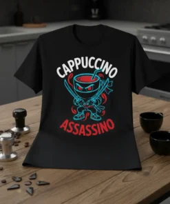 Cappuccino Assassino text design with a cartoon ninja coffee cup holding swords on a black t-shirt