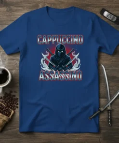 Cappuccino Assassino text with a ninja graphic holding swords on a blue t-shirt