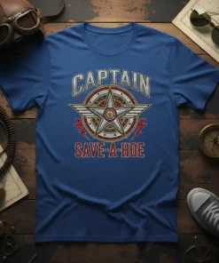 Captain Save-A-Hoe graphic t-shirt with vintage star emblem and bold typography