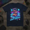 Capy Gamer t-shirt design showing a capybara wearing a VR headset and headphones, holding a game controller