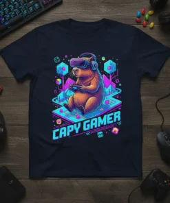 Capy Gamer t-shirt design showing a capybara wearing a VR headset and headphones, holding a game controller