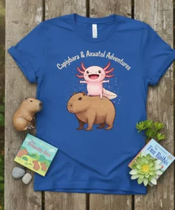Capybara and axolotl friends on a blue t-shirt with "Capybara & Axuatol Adventures" text