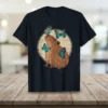 Capybara butterfly design graphic on a t-shirt, featuring a brown capybara with turquoise and orange butterflies