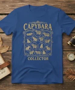 Capybara Collector t-shirt featuring a grid of various capybara illustrations in gold text and outline