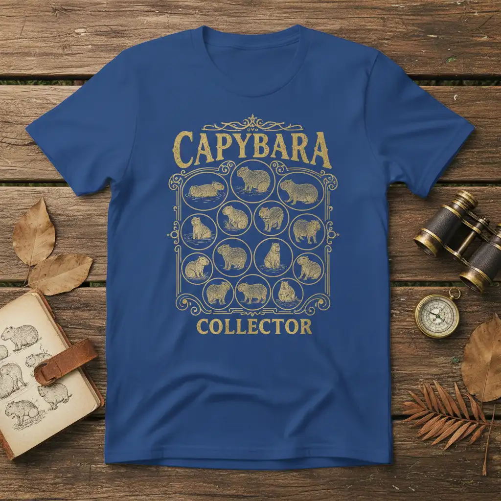 Capybara Collector t-shirt with gold text and a grid of 12 diverse capybara illustrations