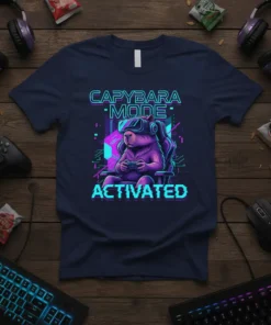Capybara wearing VR headset and headphones, playing video games, with text "CAPYBARA MODE ACTIVATED" in pixelated font