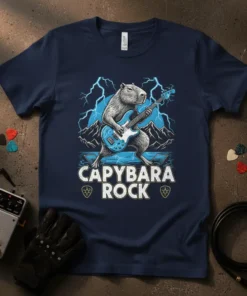 Capybara playing a blue electric guitar with lightning in the background and "Capybara Rock" text, on a navy t-shirt