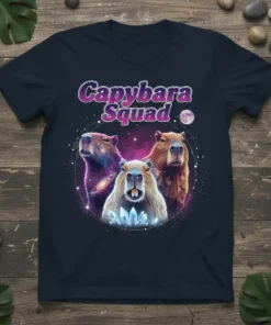 Capybara Squad t-shirt design featuring three capybaras with cosmic background and crystals, text "Capybara Squad" at the top