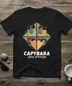 Capybara With Attitude text with four capybara graphics wearing sunglasses, vintage style t-shirt design
