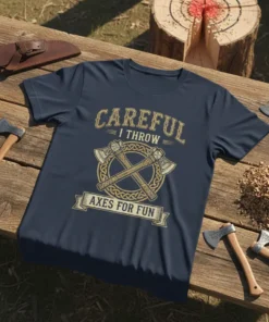 Navy blue t-shirt with "Careful I Throw Axes For Fun" text and crossed axes graphic, perfect for axe throwing enthusiasts