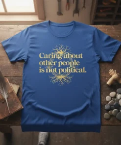 T-shirt with the quote "Caring about other people is not political" in golden yellow typography with a tree root graphic