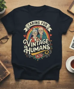 Caring for Vintage Humans t-shirt with retro illustration of elderly couple under rainbow