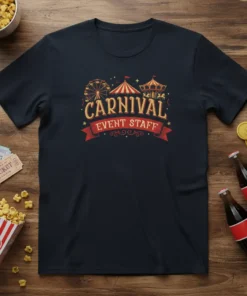 Carnival Event Staff t-shirt with Ferris wheel and carousel graphics, featuring vintage-style lettering