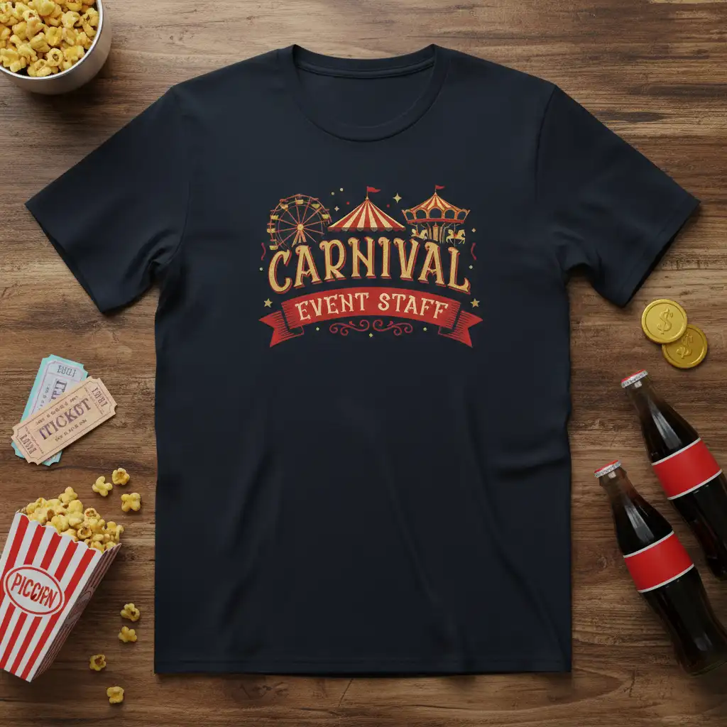 Carnival Event Staff t-shirt design with Ferris wheel, carousel, and festive banner