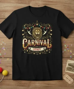 Carnival Staff t-shirt design with a roaring lion, vintage circus banners, and decorative lights