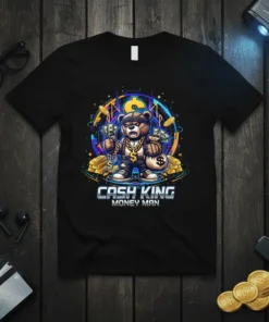 Cash King Money Man T-Shirt design featuring a cartoon bear in streetwear holding cash and gold bars