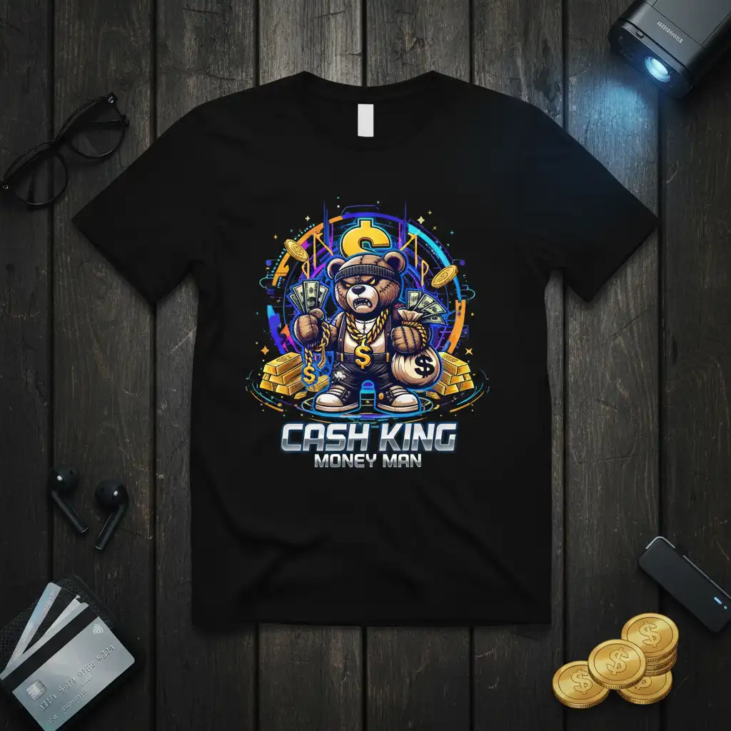 Cash King Money Man graphic tee design with a luxury bear and money motifs